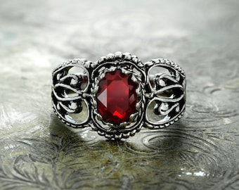 Vintage Women's Antique Filigree Ring Ruby Austrian Crystal 18k White Gold Electroplated Rings Handmade jewelry July Birthstone Girls Rings