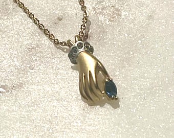 Victorian Lady Hand Necklace: Sapphire CZ, Matte Gold Finish, Made in USA