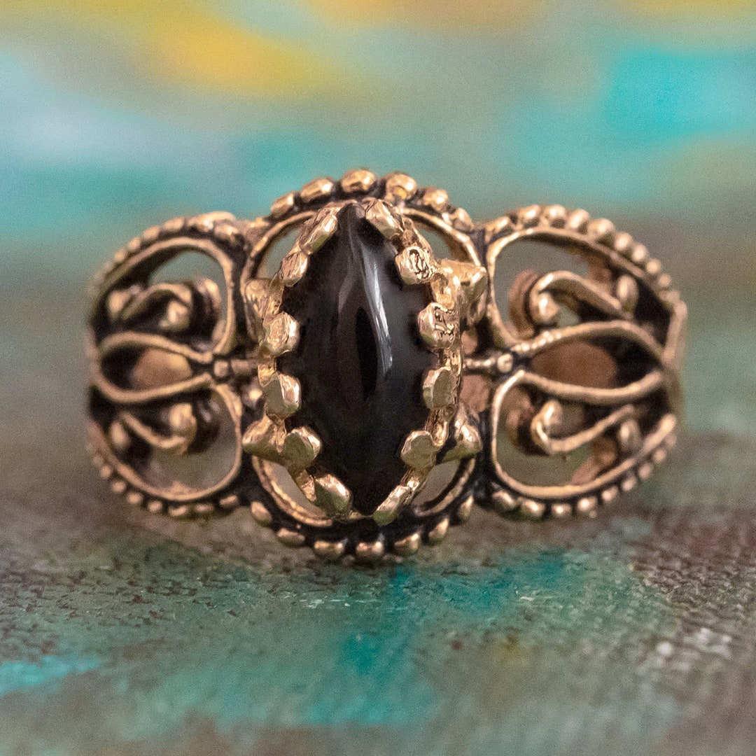 Bague Initiale A Vintage En Or 14k - Onyx Noir Et Diamants, Design Filigrane Main, Taille 6.5 - Neuf étiqueté