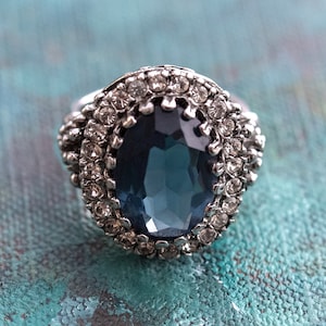 Anillo vintage Zafiro y anillo de cristal transparente Estilo eduardiano Anillo de plata de oro blanco antiguo de 18 k R169 - Stock limitado - Nunca usado