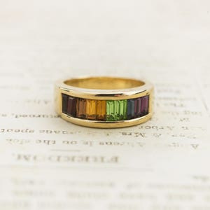 Vintage Ring Multi Colored Rainbow Style Crystals 18k Gold 1970s Era #R3077 - Limited Stock - Never Worn