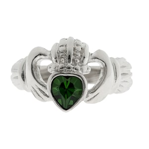 Vintage Claddagh Ring: Green Tourmaline Swarovski Crystal, 18k White Gold Plated