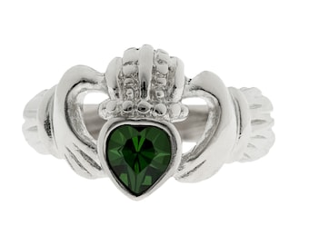Vintage Ring Jewelry Green Tourmaline Swarovski Crystal Claddagh Ring 18k White Gold R3099 - Limited Stock - Never Worn Silver Claddagh Ring
