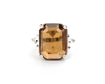 Vintage Ring Cocktail Ring Smoky Topaz and Clear Swarovski Crystals Rhodium Plated Silver Tone #R2239 - Limited Stock - Never Worn