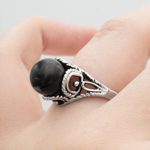 Vintage Ring Black Pearl Ring Antique 18k White Gold Silver Filigree Silver Tone Setting Jewelry 1970s Womans #R779 - Limited Stock