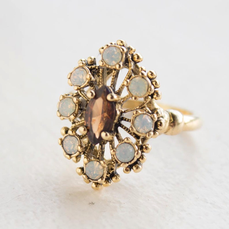 Vintage Cocktail Ring Smoky Topaz Surrounded by Opals Antiqued | Etsy