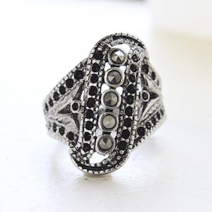Vintage Marcasite Filigree Ring: 18k White Gold Electroplated
