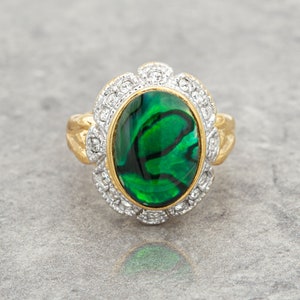 Genuine Green Abalone Stone Ring Vintage 1970s 18k Yellow Gold Plated Clear Austrian Crystals Woman&#39;s Handmade Jewelry Antique #R1730-GAY