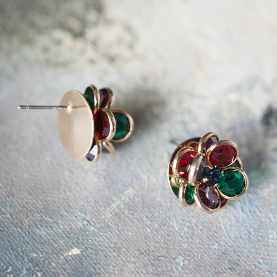 Vintage Flower Pierced Jewel Tone Crystal Earring… - image 2