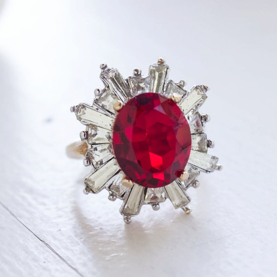 Vintage Ring Cocktail Ruby and Baguette Crystals … - image 1