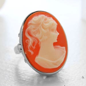 Vintage 1970s Cameo Ring: White on Coral, 18k HGE