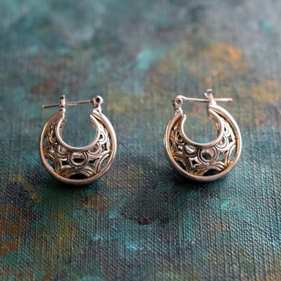 Post Hoop Earrings Antiqued Beaded DesignSterling Silver Post Hoop Earrings Antiqued Beaded DesignSterling Silver