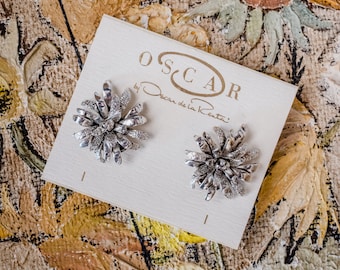 Vintage Oscar de la Renta Clip Earrings: Silver Tone Flower Burst Designer Antique Handmade Jewelry Handmade Womans Fancy Clipon Earring