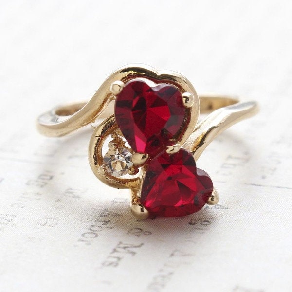 Vintage Ring Ruby Austrian Crystal Double Heart Ring 18k Gold Antique Womans Handmade Jewelry R2342 - Limited Stock - Never Worn