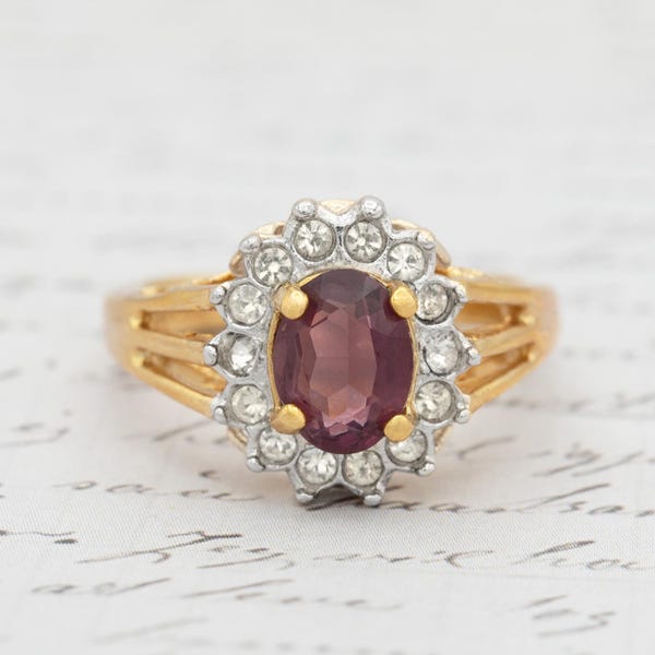 Vintage 18k Gold Electroplated Amethyst Ring with Swarovski Crystals