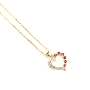 Vintage Ruby Heart Pendant Necklace: 14kt Gold Plated, Diamond Accent