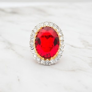 Vintage Ruby and Clear Austrian Crystal Cocktail Ring 18k Yellow Gold Electroplated Made in USA  Women's Antique Statement July Birthstone