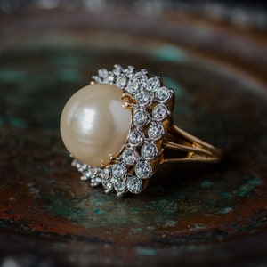 Vintage Ring Pearl Bead and Clear Swarovski Crystal Cocktail Ring 18k Gold Made in the USA R1916 - Limited Stock - Never Worn