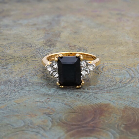 Vintage Ring Black and Clear Crystals Gold Plated… - image 6