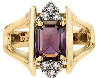 Vintage Womens Amethyst Crystal Ring 18k Gold Electroplated 1980s February Birthstone Antique Statement Cocktail Rings Handmade in USA Girls