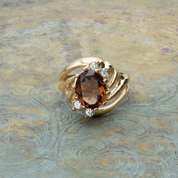 Vintage Ring Smoky Topaz and Clear Swarovski Crystals 18k