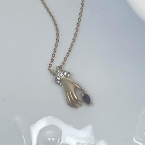 Victorian Lady Hand Necklace: Amethyst CZ, Matte Gold, Made in USA