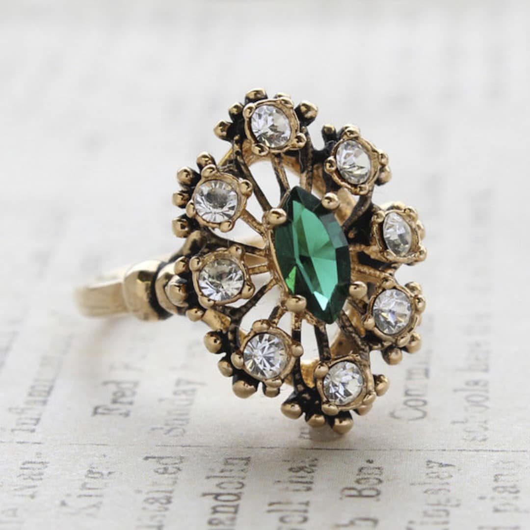 Vintage Ring Emerald and Clear Austrian Crystals Cocktail Ring or