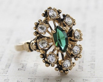 Vintage Womans Antique Emerald & Austrian Crystal Filigree Ring 18k Gold Electroplate Victorian Style Rings USA Handmade Jewelry Edwardian