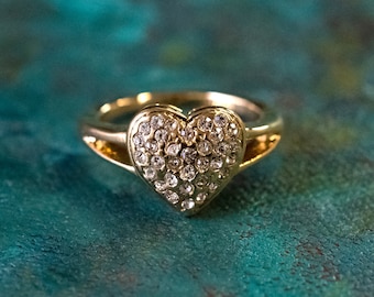 Vintage Ring Clear Swarovski Crystals Heart Ring 18k Gold Womans Antique Jewelry Rings R1765 - Limited Stock - Never Worn