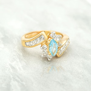 Vintage Aquamarine Austrian Crystal Ring: 18k Gold Electroplated