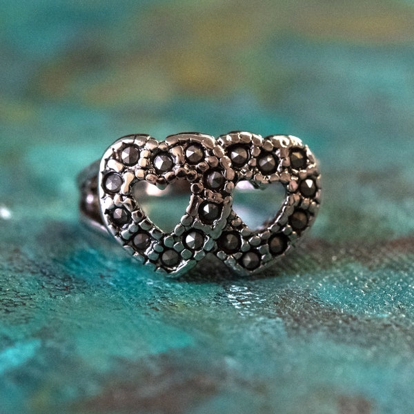 Vintage Ring Genuine Marcasite Double Heart Ring Antique 18k White Gold Silver Antique Womans Jewelry R1758 - Limited Stock - Never Worn