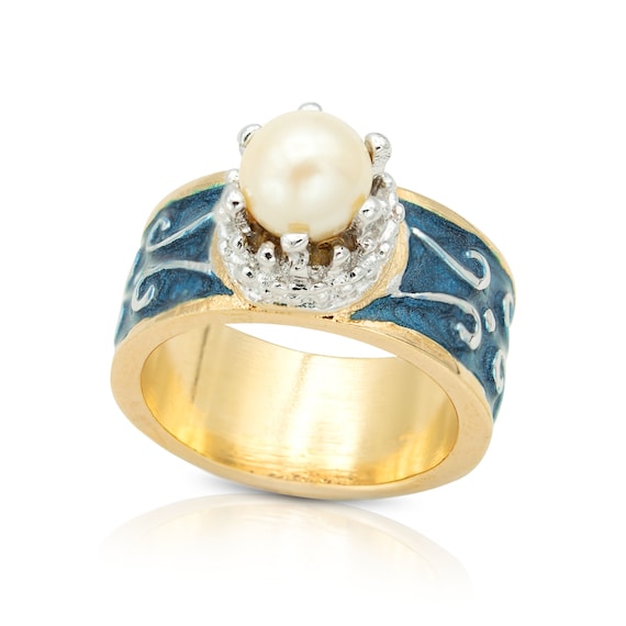 Anello smaltato dipinto a mano vintage anni 80 con perle di perle
