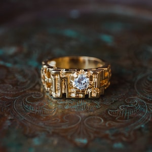 Men's Vintage Ring Edwardian Style Cubic Zirconia  Handcrafted Made in USA 18k Gold Electroplated Gold Nugget Ring for Men Dad Husband Gift