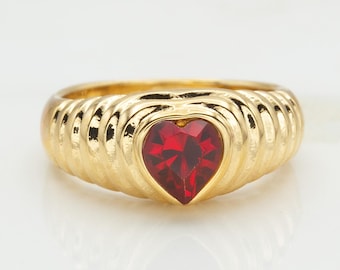 Vintage 18k Gold Heart Ring: Ruby Swarovski Crystal Handmade Jewelry