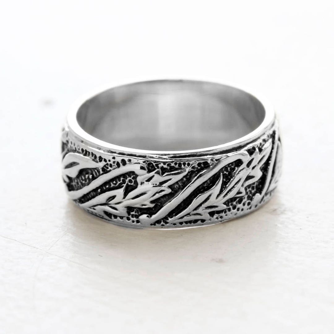 Vintage Ring Leaf Motif Band Ring 18k White Gold Silver