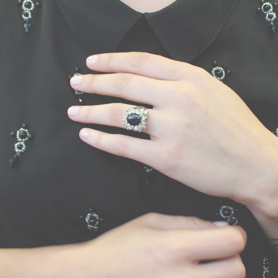 Vintage Ring Genuine Onyx Ring Clear Swarovski Crystals 18k