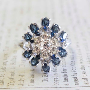 Vintage Sapphire Crystal Cocktail Ring: 18k White Gold Plated Silver