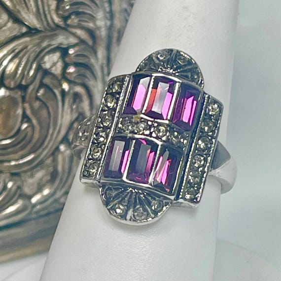 Vintage Amethyst Marcasite Ring: 18k White Gold Art Deco Cocktail