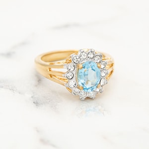 Vintage 1970s Aquamarine Ring: 18k Gold Electroplated Crystal Jewelry