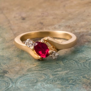 Vintage Ring Ruby and Clear Crystals 18k Yellow Gold July Birthstone Antique Womans Jewelry #R1036 - Limited Stock - Never Worn