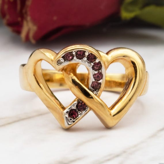 Vintage Womens Rings Double Heart Ring Amethyst Crystals 18K Gold Electroplated Antique Purple Hearts Couple Rings Jewelry Handmade Antique