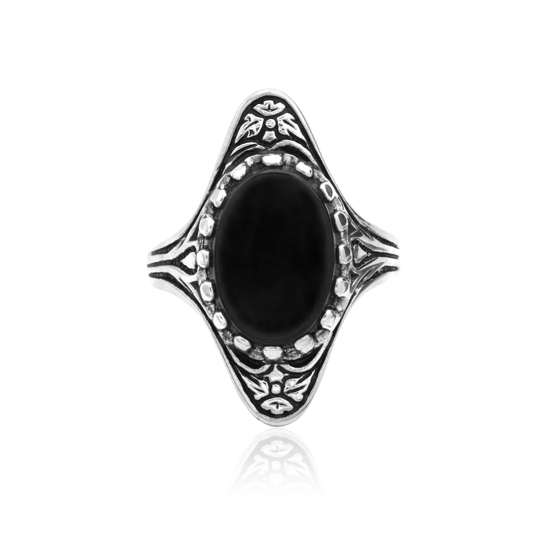 Vintage Ring Genuine Onyx Ring Antique 18k White Gold Silver R714 Womans Jewelry Handmade Ornate