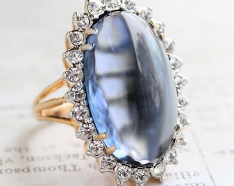 Vintage Ring Sapphire Cabochon Crystal 18k Gold Elecroplated Ring Clear Swarovski Crystals #R1908 - Limited Stock - Never Worn