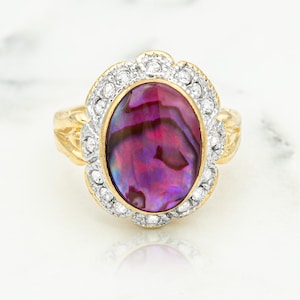 Genuine Pink Abalone Stone Ring Vintage 1970s 18k Yellow Gold Plated Clear Austrian Crystals Woman&#39;s Handmade Jewelry #R1730-PAY Gold Ring