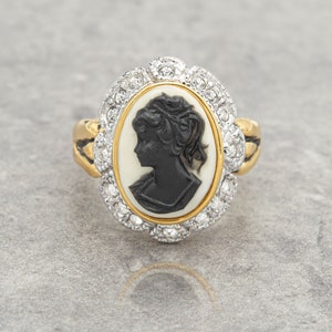 Vintage 18k Gold Cameo Ring: Austrian Crystals, Handmade Costume Jewelry