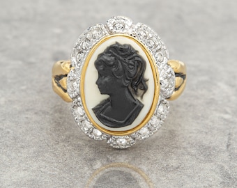 Vintage 18k Gold Cameo Ring: Austrian Crystals, Handmade Costume Jewelry