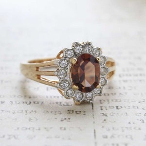Vintage Ring Smoky Topaz and Clear Swarovski Crystal Ring 18k Gold Antique Womans Jewelry Boho Cocktail R1353 - Limited Stock - Never Worn