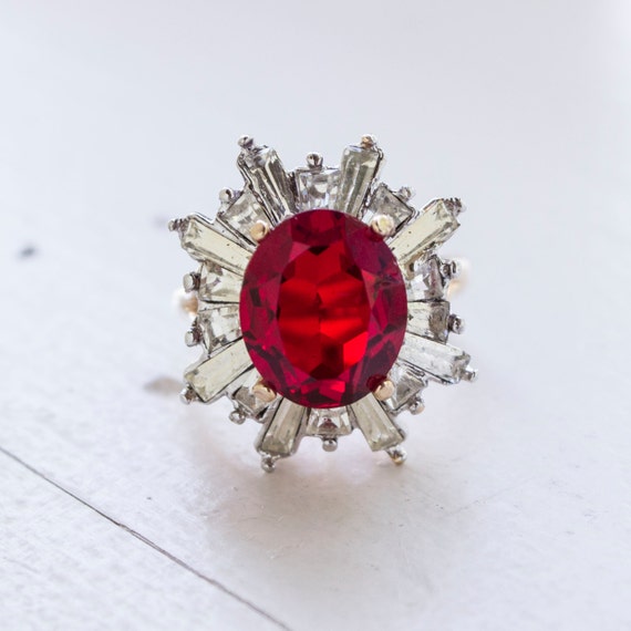 Vintage Ring Cocktail Ruby and Baguette Crystals … - image 3