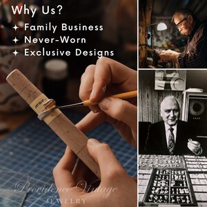 May include: A close-up of a hand using a small brush to apply gold paint to a silver ring. The ring is on a wooden dowel with markings. The background is a blue grid pattern. The text "Providence Vintage Jewelry" is at the bottom of the image.