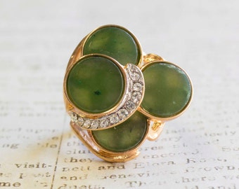 Vintage 1970s Genuine Jade Disks set with Swarovski Crystal Accent 18K Gold Electroplated Gold Tone Cocktail Ring Made in USA #R282